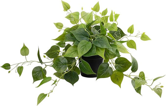 LOYWREE Faux Pothos Indoor Green Realistic Artificial Potted Plants Fake Plant Greenery for Home Office Garden Decoration - Black Pot