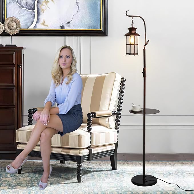 Vintage Dimmable Floor Lamp with matel Table,Classical Lanterns Standing Lamp, Rustic Farmhouse Floor Lamp with Red Copper Finish, for Living Room Bedroom