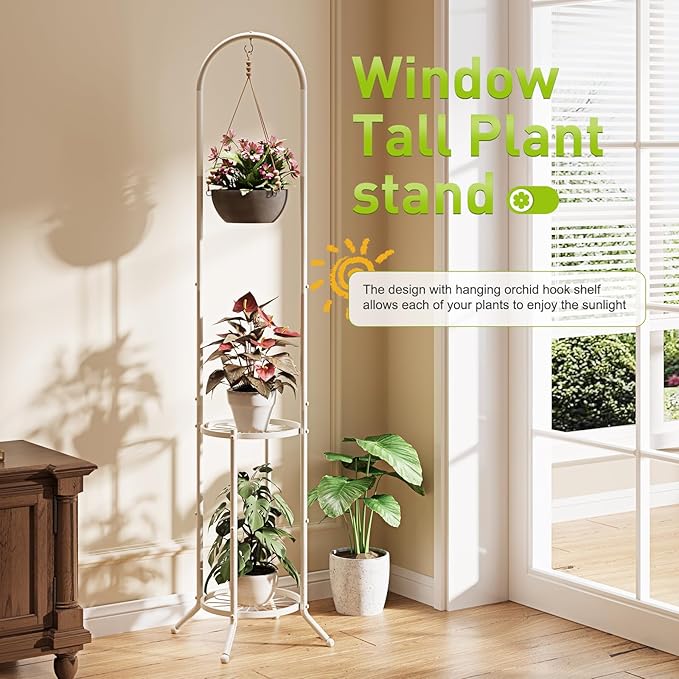 BMOSU Plant Stand with Hooks Indoor Outdoor Corner Tall Plant Stand Heavy-Duty Metal 3-Tier Plant Shelf Holder Rack for Patio Garden Balcony Living Room Bedroom(circular White)