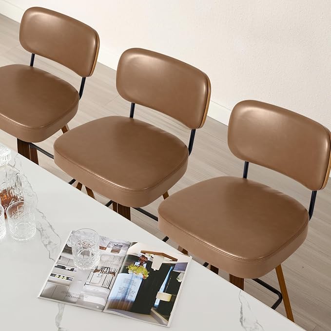 Swivel Counter Height Bar Stools Set of 4, 26" Upholstered Faux Leather Barstools with Back and Bent Wood Legs, Mid Century Modern Bar Chair Island Stool for Kitchen Counter, Brown