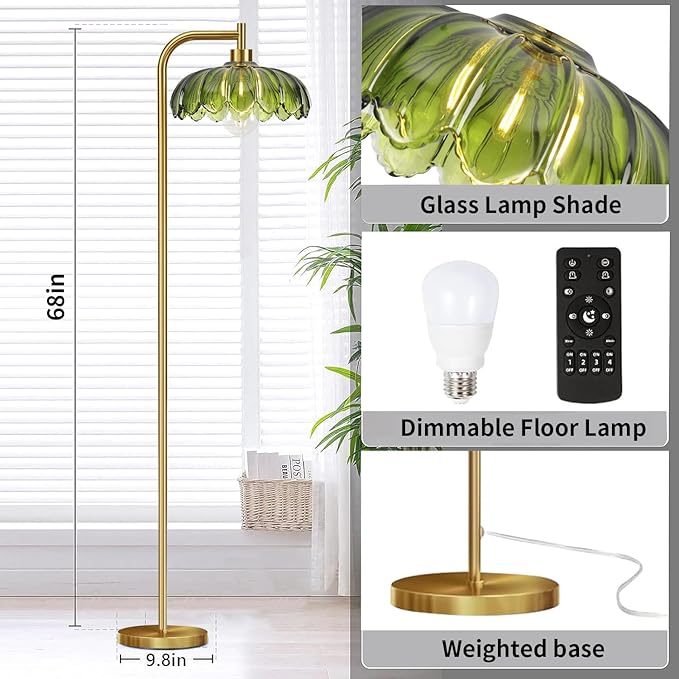 Glass Floor Lamp for Living Room,Bedroom,Gold Mid Century Modern Standing Lamp with Remote Dimmable,Boho Brass Tall Lamp Vintage Retro Green Arc Floor Lamps Flower Floor Light Bohemian