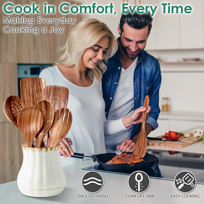 Kitchen 6-Piece Teak Wood Kitchen Utensil Set – Wooden Cooking Spoons with Spatula, Turner & Serving Spoon, Smooth Finish Comfort Grip, Nonstick Safe by Howhong