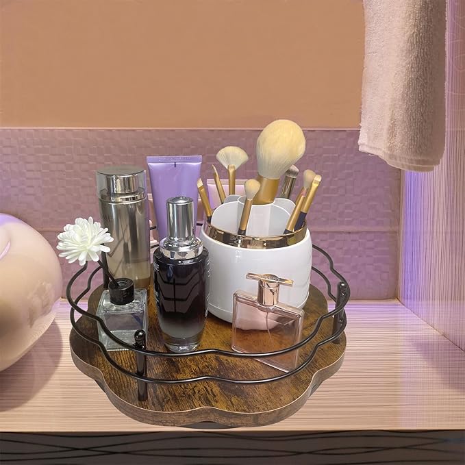 2 Pack, 11" & 12" Wooden Lazy Susan Turntable with Higher Metal Sides, 360° Rotating Lazy Susan Organization and Storage for Cabinet, Table Top, Kitchen, Countertop, Dining Table, Pantry, Coffee Bar