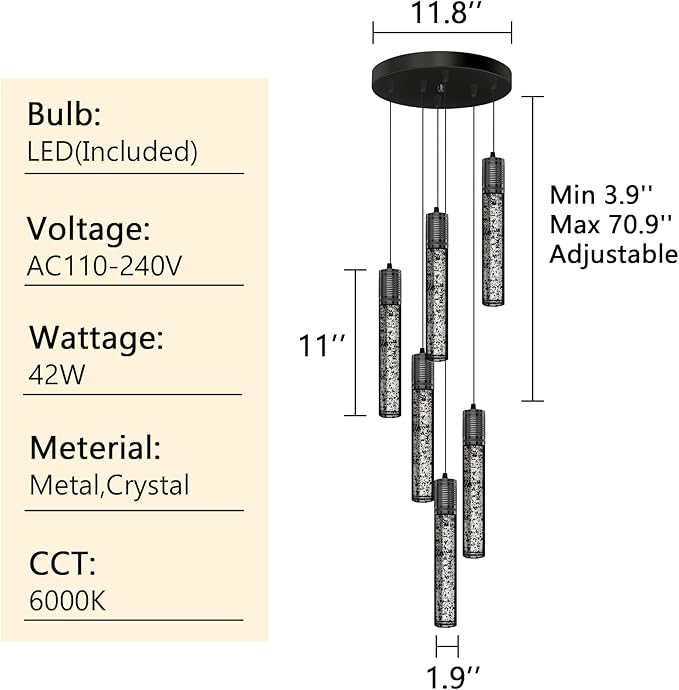 Modern Pendants Light for Kitchen Island Crystal Mini Chandeliers Dining Room LED Pendant Lighting Fixture High Ceiling Hanging Lights Bedroom Island Kitchen Foyer 6000K White Light Fixtures Black