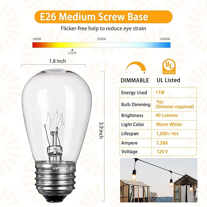 Minetom 20Pack S14 Replacement Light Bulbs - 11 Watt Warm Incandescent Edison Light Bulbs with E26 Medium Base for Commercial Grade Outdoor Patio String Lights