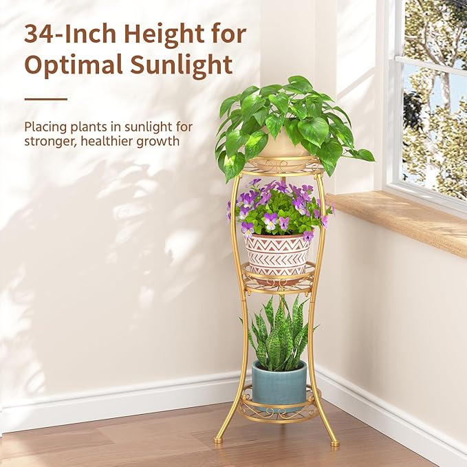 LASZOLA Gold 3 Tier Tall Plant Stand for Indoor Outdoor, Large Multiple Level Flower Planter Holder Organizer Rack for Patio Office Bathroom Corner Floor, Sturdy Heavy Duty Metal, Vertical Display