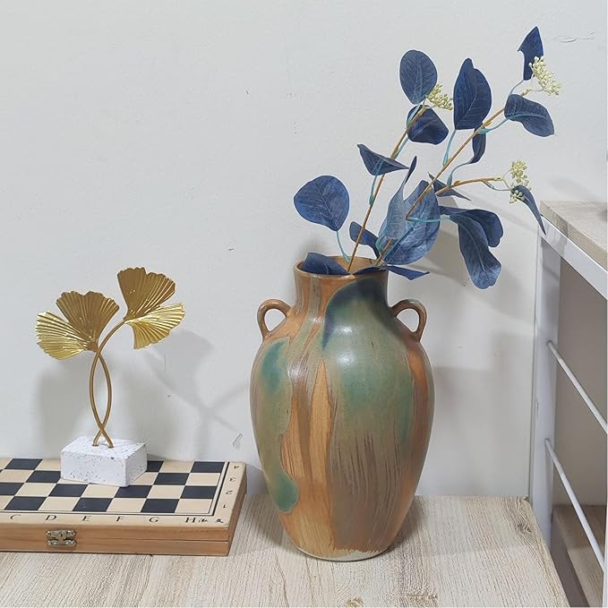 Terracotta Pottery - 10" Unique Decorative Farmhouse Vase with Handle, Green Glazed Earth Yellow Boho Neutral vase Home Decor, Vintage Ceramic Flower vases for Living Room, Kitchen Decor