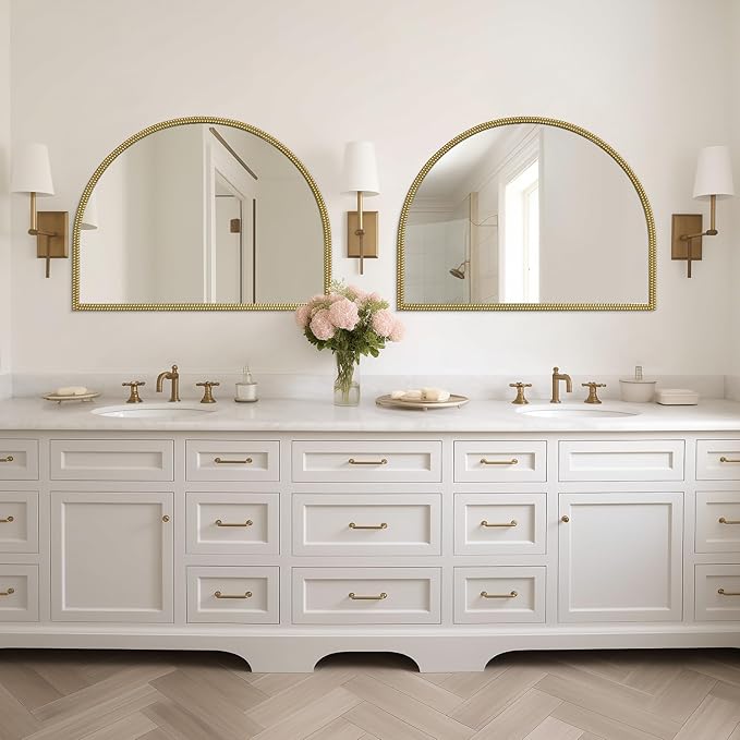 WallBeyond Gold Vintage Mirror for Vanity 32x24 Inch, Gold Antique Mirror with Ornate Beaded Frame for Bathroom, Living Room, Fireplace, Entryway