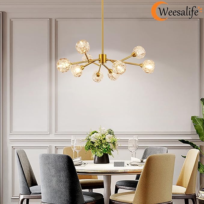 Sputnik Chandeliers for Dining Room Light Fixture Over Table, Modern Crystal Chandeliers, 9 Lights Gold Lighting Fixtures for Living Room Bedroom Kitchen Island