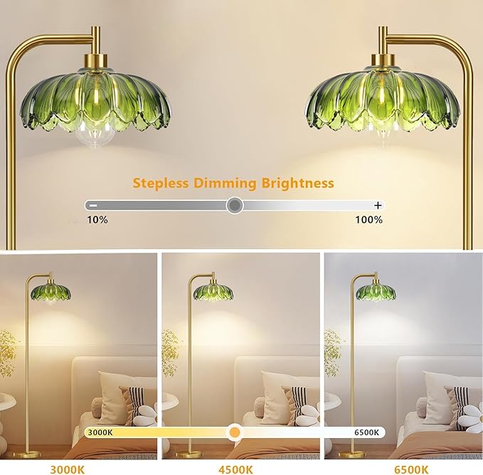 Glass Floor Lamp for Living Room,Bedroom,Gold Mid Century Modern Standing Lamp with Remote Dimmable,Boho Brass Tall Lamp Vintage Retro Green Arc Floor Lamps Flower Floor Light Bohemian