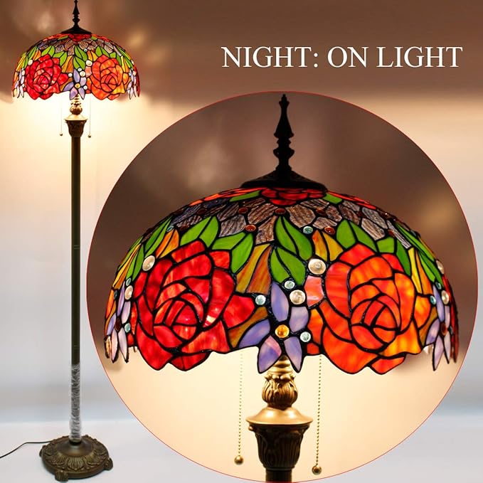 WERFACTORY Tiffany Floor Lamp Red Yellow Rose Stained Glass Standing Reading Light 16X16X64 Inches Antique Pole Corner Lamp Decor Bedroom Living Room Home Office S001 Series