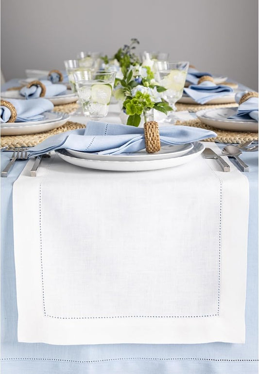 Solino Home Linen White Table Runner 72 Inches Long - 100% Pure Linen Hemstitch Table Runner 14 x 72 Inch for Dresser, Dining, Fall, Autumn, Halloween, Thanksgiving, Holiday - Classic Hemstitch
