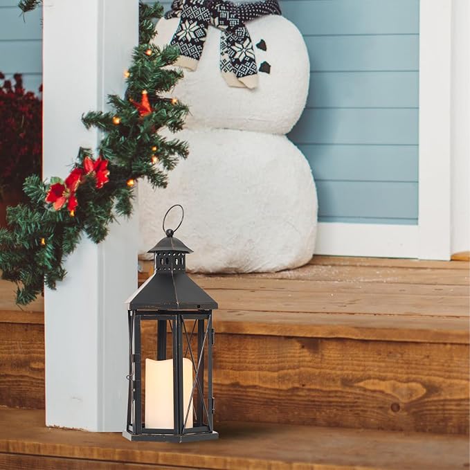 DECORKEY LED Lantern Decorative Indoor & Outdoor, 14" Vintage Hanging Lantern Holder for Porch with LED Candle Large Metal Outdoor Lantern for Patio, Front Porch, Christmas, Spring