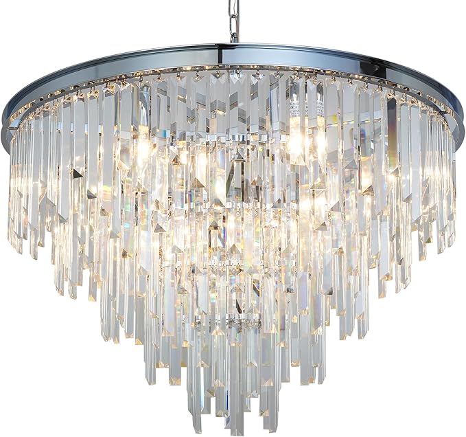 Chrome Top K9 Crystal Chandelier Modern Lighting Fixture, 16 Lights Round K9 Crystal Adjustable Hanging Lamp for Dining Room Bedroom Living Room,Hallway,Bar,Kitchen W31''