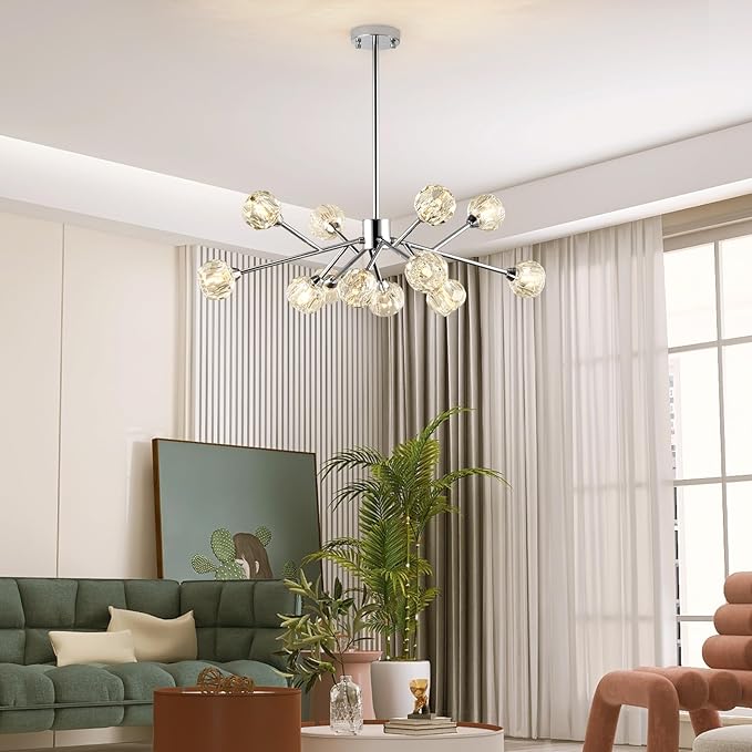 Sputnik Chandeliers for Dining Room Light Fixture Over Table, Modern Crystal Chandeliers, 12 Lights Chrome Lighting Fixtures for Living Room Bedroom Kitchen Island Bar