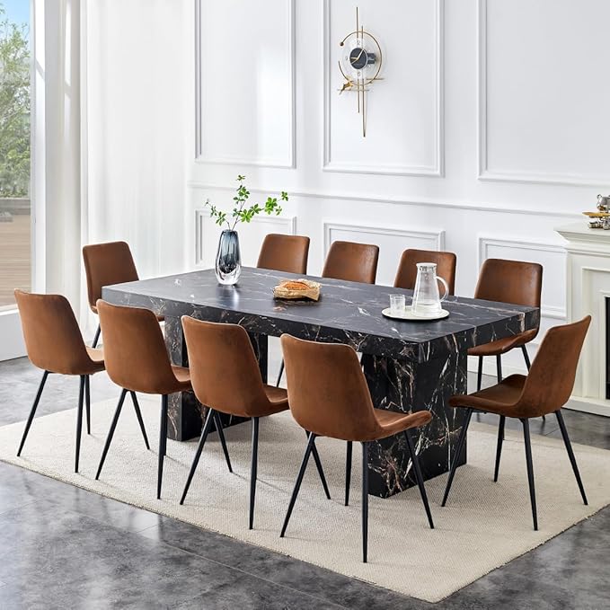 79" Marble Dining Table Set｜Modern Dining Table Set with 10 Suede Chairs｜Engineered Wood with Marble Pattern Tabletop｜Widened and Stable Tablelegs｜Easy Assembly