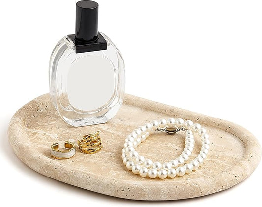 Natural Travertine Tray, Special-Shaped Jewelry Tray, Marble Ring Dish for BathroomCountertop, Nightstand,Dressing Table, Bedside Table, Home Decor, Beige(Middle)(NS025)