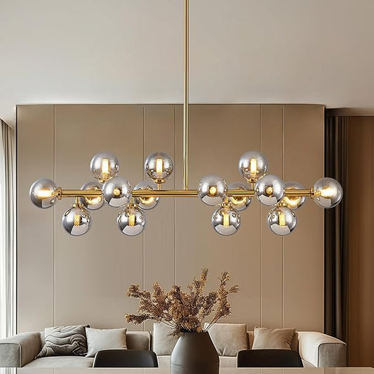 Glass Globe Sputnik Chandelier, 16-Light Mid Century Modern Light Fixture Over Table, Linear Chandeliers for Dining Room, Kitchen Island, Brass Gold and Smoke Grey Bubble, 40 Inch, GC-02