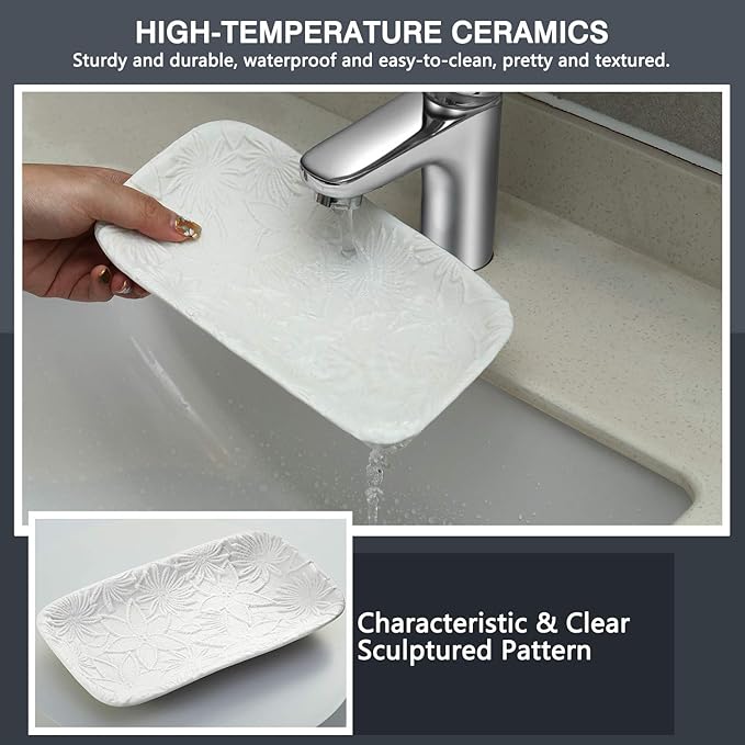 Ceramic Jewelry Tray, Bathroom Kitchen Vanity Decorative Trinket Tray Ring Dish for Earrings Rings Watch Keys, Ceramic Dessert Plate, White