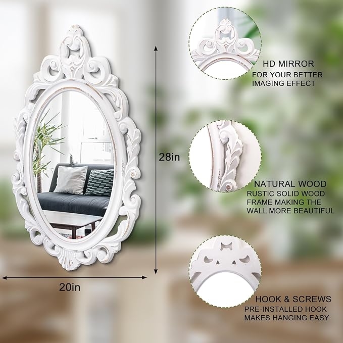 Oval Wooden Mirrors with Frame White Vintage Wall MirrorArendahl Traditional Carved Baroque Style Hanging Mirror for Wall Antique Decorative Mirror for Vanity Bedroom Living Room Bathroom Entryway