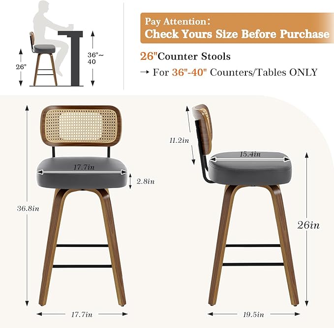 Swivel Counter Height Bar Stools Set of 4, Upholstered Faux Leather Barstools with Rattan Back, 26" Seat Height Bar Chairs for Kitchen Island, Bentwood Wood Frame, Grey