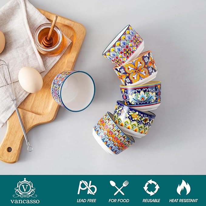 vancasso 4 Oz Ramekins Oven Safe Set of 6, Bohemian Creme Brulee Ramekins, Colorful Souffle Dishes, Pudding Custard Cups for Baking, Small Ceramic Bowls for Dipping Sauce, Ice Cream