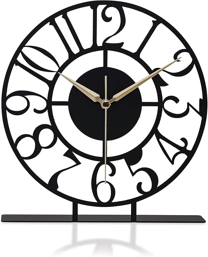 8.9x9.5 Metal Desk Clock, Black Round Silent Non-Ticking Analog Table Clock, Battery Operated, Decorative Desk and Shelf Clock, Desk Clocks for Living Room Bedroom Kitchen Office School