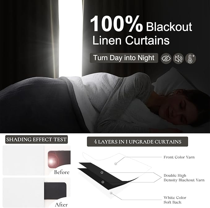 Pinch Pleated Bright White Blackout 95 Inch Curtains 2 Panels Set for Bedroom, Elegant Flax Linen Room Darkening Drapes with Hooks Rings & Ceiling Track 95 Inches Length Window Curtain for Dining Room