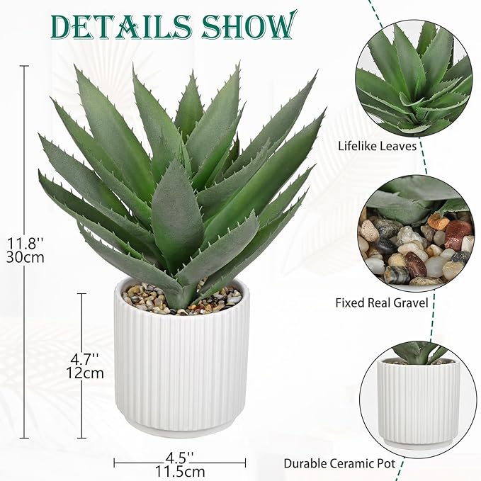 Hollyone Large Artificial Agave Plants 11.8“ Fake Succulents Potted Faux Aloe Vera Plant in White Pot Succulent Agave Plants for Desk Modern Office Living Room Table Shelf Home Indoor Outdoor Decor