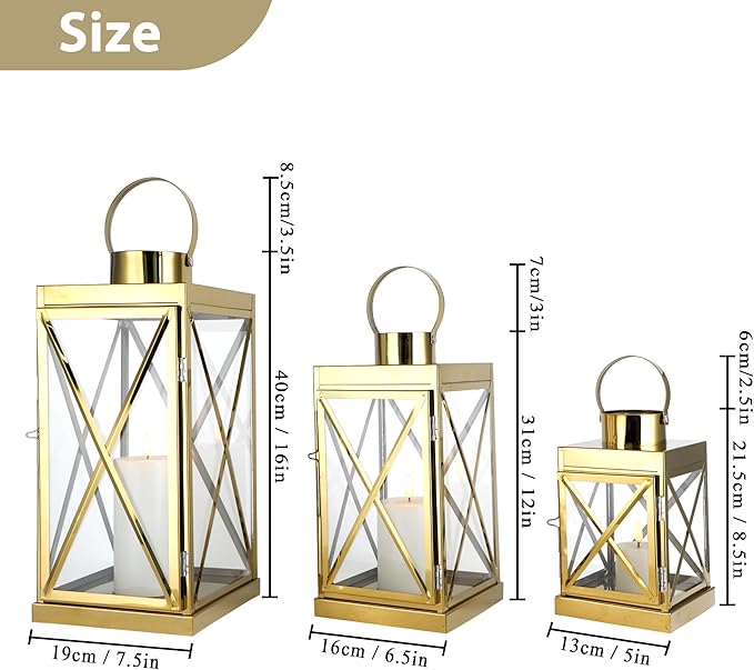 TRIROCKS Gold Stainless Steel Lantern Set of 3-Square Elegance 8/12/16 Inch Opulent Metal Candle Lanterns Candle Holder with Tempered Glass for Home Garden Indoor Outdoor Decor Celebratory Everyday