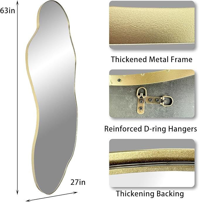 Large Irregular Mirror, 63"x27.2" Asymmetrical Wall Mirrors, Wavy Shaped Mirror Full Length, Modern Unique Mirrors for Living Room Bathroom Bedroom Hallway Entryway Fireplace