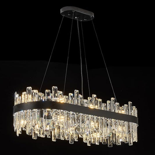 Rectangle Crystal Chandeliers, L35.4 inch 16-Light Black Chandelier Lighting Fixture, Height Adjustable Rectangular Oval Light for Dining Room Kitchen Island