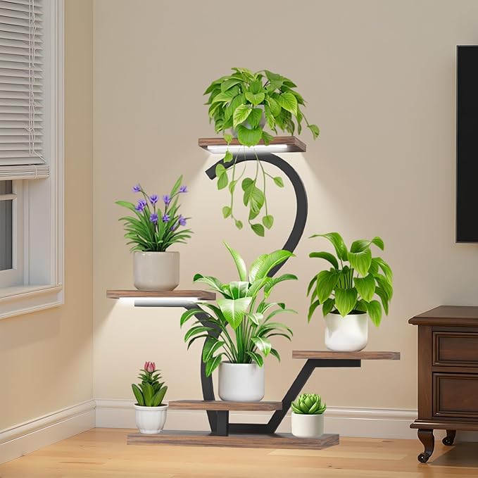Plant Stand Indoor with Grow Lights - 5 Tiered Plant Shelf Indoor, 30"Corner Plant Stand for Indoor Plants,S-Shaped Metal Plant Stands for Multiple Plants, Flower Rack for Living Room, Balcony, Patio