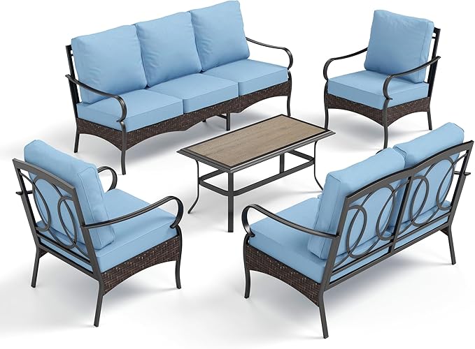 PHI VILLA Outdoor Modern Patio Furniture Set, Upgraded Wicker&Metal Patio Furniture Conversation Set with Waterproof Thick Cushions for Porch, Poolside, Deck, and Yard (5 Pieces,Blue)