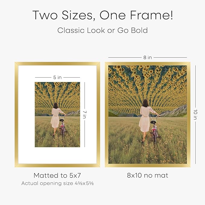 Homeforia 8x10 Picture Frame Gold, High End Metal 8 x 10 Photo Frames with Mat 5 by 7 Art, 10x8 Poster Frame Matted to 5x7 inch Print, 8by10 Wall or Tabletop Frames, Tempered Glass, Wall Kit, Set of 3