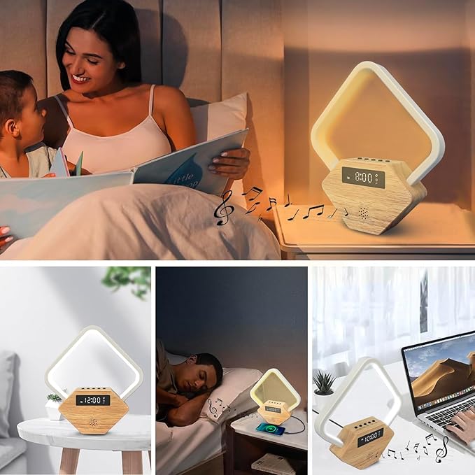 Wood Sunrise Alarm Clock with White Noise Machine 3 Color Night Light 15 Soothing Sounds Sleep Aid 30/60/90min Timer 10 Alarm Ringtones USB C PD Phone Charger Anniversary Birthday Gifts for Women Men