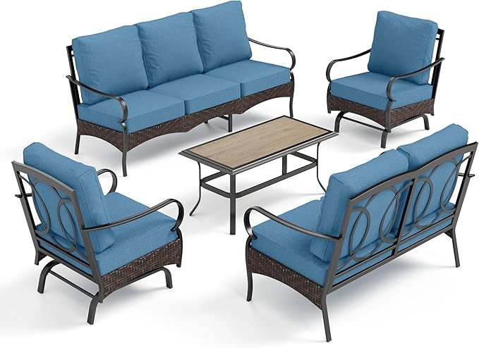 PHI VILLA Outdoor Modern Patio Furniture Set, Upgraded Wicker&Metal Patio Furniture Conversation Set with Waterproof Thick Cushions for Porch, Poolside, Deck, and Yard (5 Pieces,Navy)