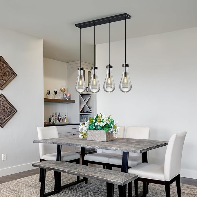 Raindrop Pendant Lights Kitchen Island Teardrop Black Hanging Light Fixtures Clear Solid Glass Pendant Light Modern Chandeliers for Dining Room Porch Corridor Living Room(Long Plate-4 Lights)