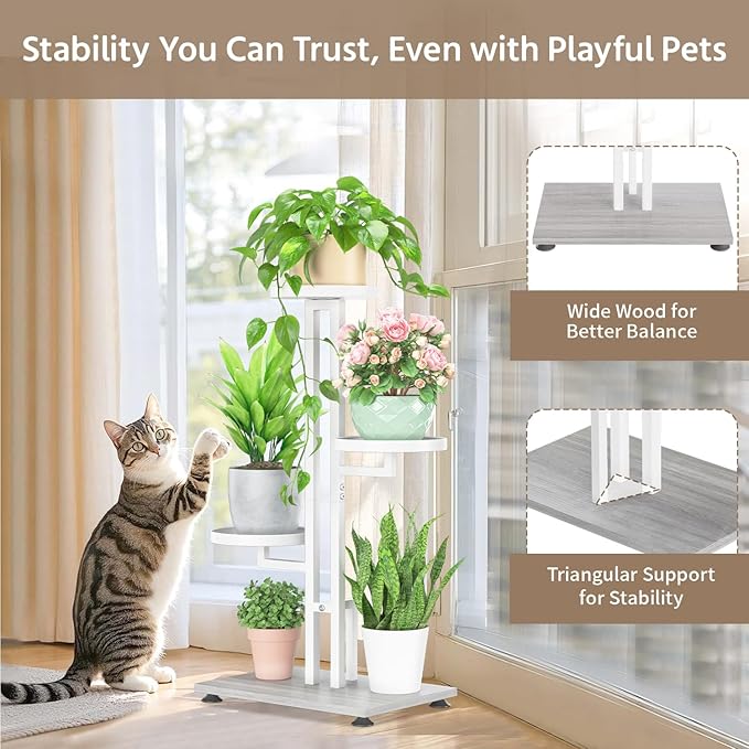 LASZOLA White 3 Tiered Plant Stand Indoors Heavy Duty Metal Rack, Sturdy Multi Level Shleving Hold Flowers, Larger House Decorate Ladder for Planting Inside Tree Herb Cactus, Wooden Base, Space Saving