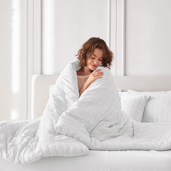 MUXHOMO 7 Pieces King Comforter Set, Seersucker Bed in a Bag King Size, All Season Luxury Bedding Set with Comforter, Flat Sheet, Fitted Sheet, Pillowcases & Shams, White