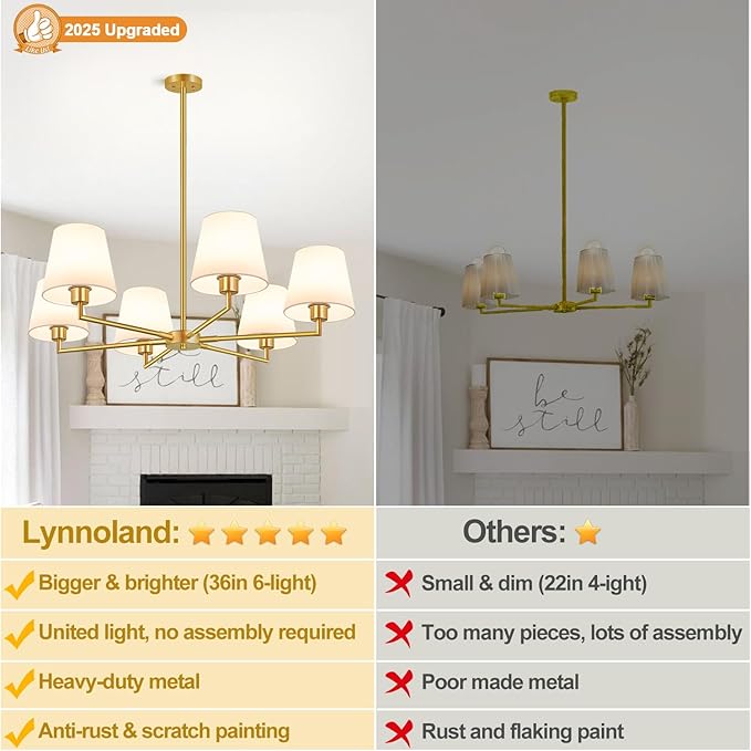 36" Gold Chandelier for Dining Room Light Fixture (6-Light, 36-Inch), Adjustable Linear Gold Dining Room Chandelier with White Fabric Shade, Linear Pendant Light Fixture for Kitchen Bulb Not Included