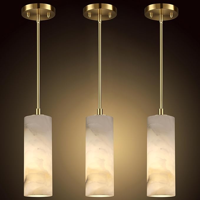 1 Light Modern Industrial Farmhouse Hanging Kitchen Island Pendant Ceiling Light Fixture,Cylinder Natural Alabaster Marble Brushed Bronze Finish Over Sink Restaurant bar Corridor