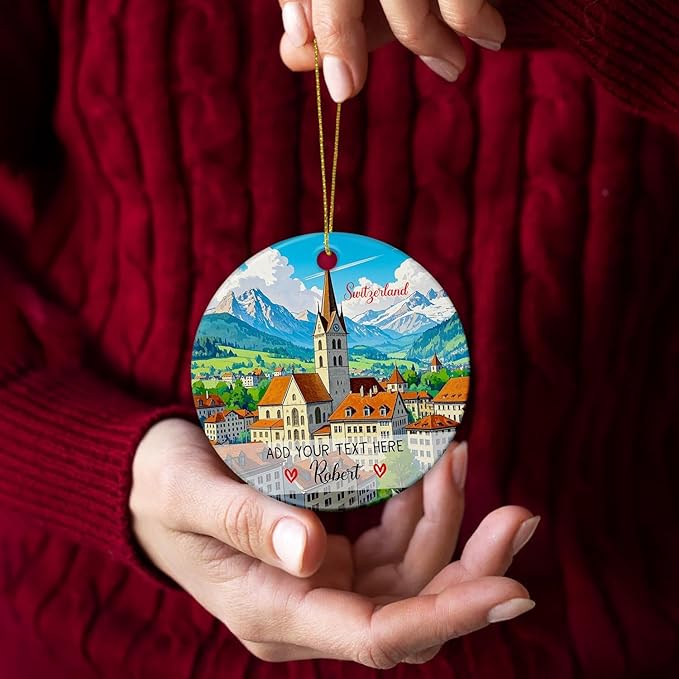 2025 Personalized Switzerland Symbols Ceramic Christmas Ornament Keepsake, Swiss Alps City Travel Souvenir Ornament Gifts for Dad Mom Family Friends, Custom Text/Name Switzerland Xmas Tree Decor