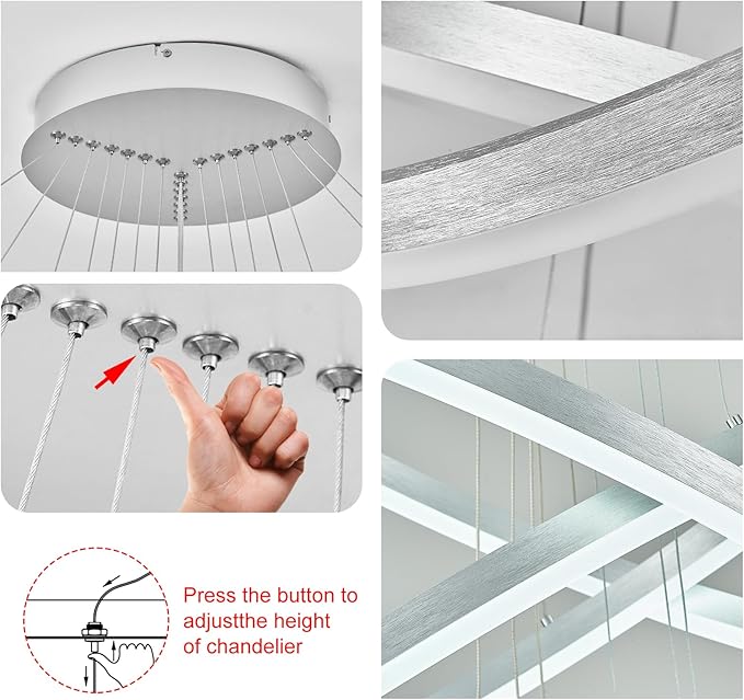 7-Rings D31.5’’ Modern LED Chandelier Silver Dimmable High Ceiling Chandeliers Foyer with Remote Control for Staircase Entryway Dining Room Living Room, 3000K-6500K