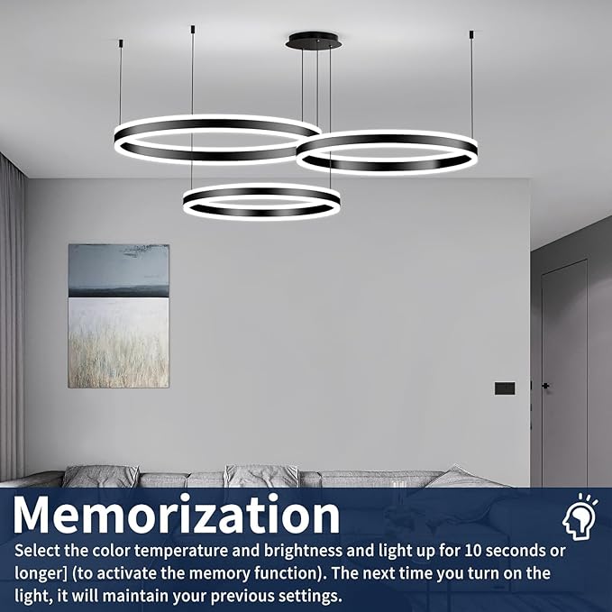 Modern Pendant Light Fixture, 3-Ring Circular Black Dining Room Chandelier, Dimmable 3000K-6500K, LED Hanging Ceiling Light Over Table for Kitchen Island, Living Room, Foyer, Office