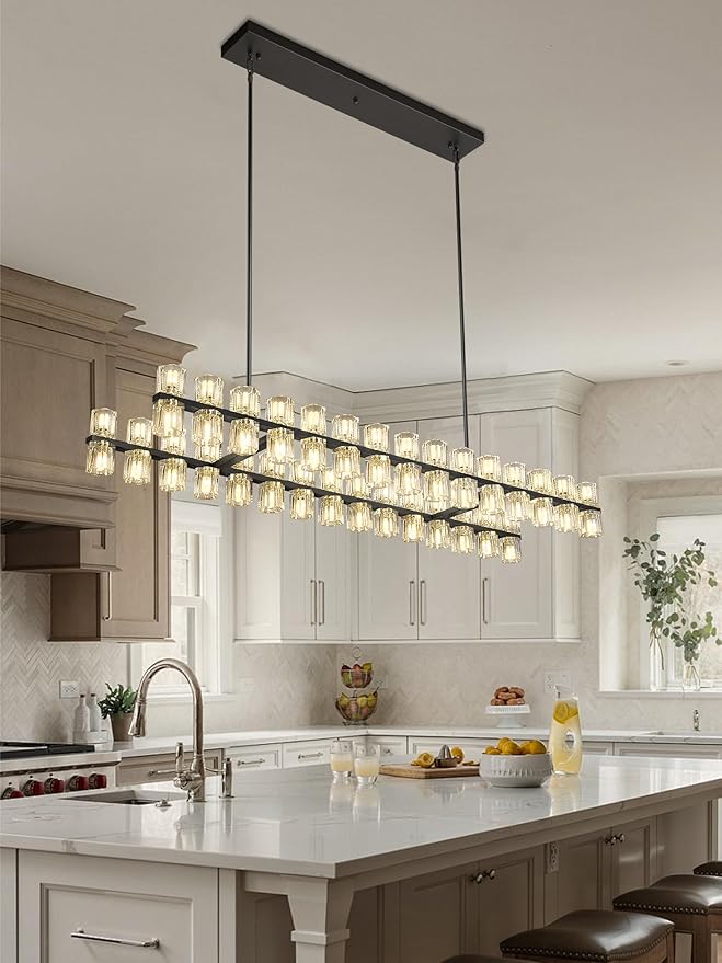 Black Rectangular Crystal Chandelier Light Fixture 53.4 in Dining Room Chandelier Over Table Modern Farmhouse Ceiling Pendant Hanging Light Fixture for Living Room, Kitchen Island (Bulb not Included)