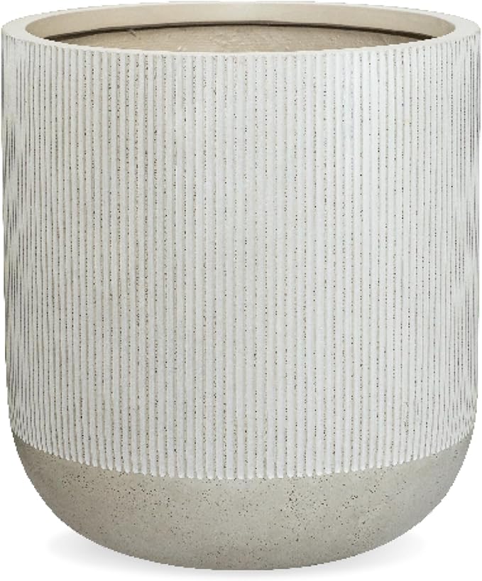 18.7" H x 16.9" D Ribbed Radius Fiberstone Round Planter with Drainage Hole, Weather Resistant for Indoor and Outdoor Use, Included 2 Extra Coco Mats (Frost Grey, 15" Pot Opening)