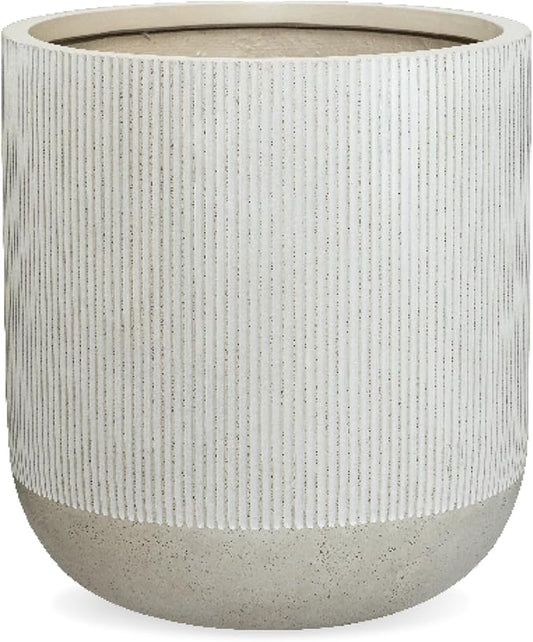 18.7" H x 16.9" D Ribbed Radius Fiberstone Round Planter with Drainage Hole, Weather Resistant for Indoor and Outdoor Use, Included 2 Extra Coco Mats (Frost Grey, 15" Pot Opening)