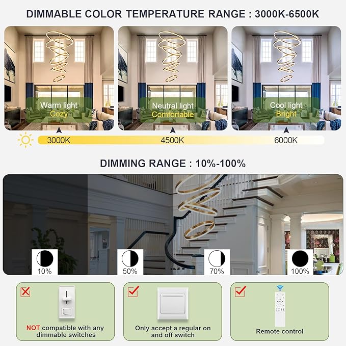 7 Rings Modern LED Chandelier Gold Dimmable Large Foyer Chandeliers Entryway High Ceiling for Staircase, High Ceiling Pendant Lights for Entryway Living Room, 3000K-6500K CCT