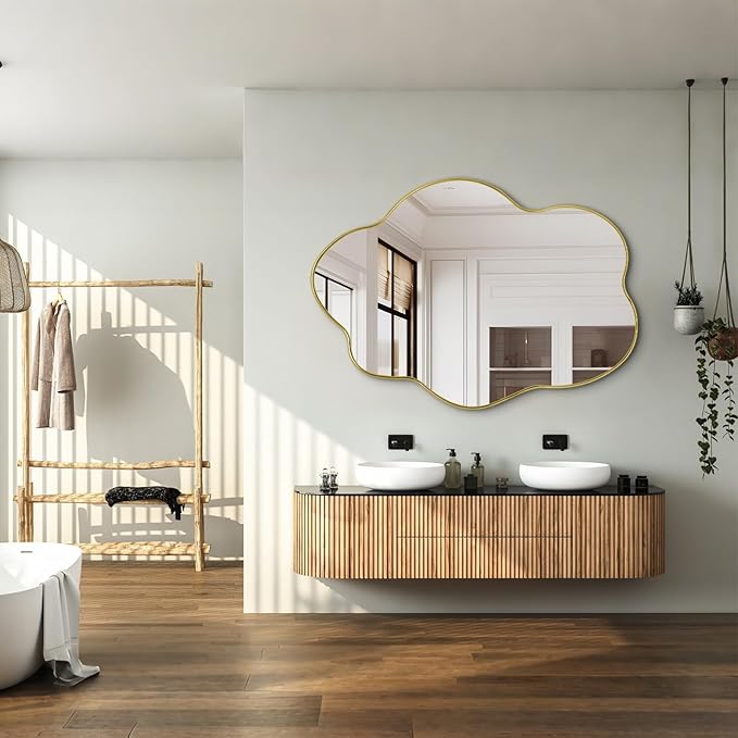 Gold Irregular Mirror, 43.7"x29.5" Asymmetrical Wall Mirror, Scalloped Decorative Mirrors, Modern Wavy Shaped Mirrors for Living Room Bathroom Bedroom Hallway Entryway Fireplace